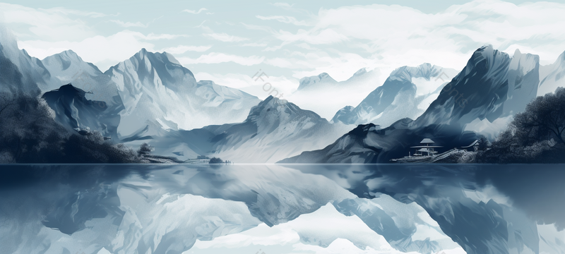 蓝色山水画,简约意境手绘山水,插画/手绘图,插画/手绘图库,插画/手绘图下载,插画/手绘